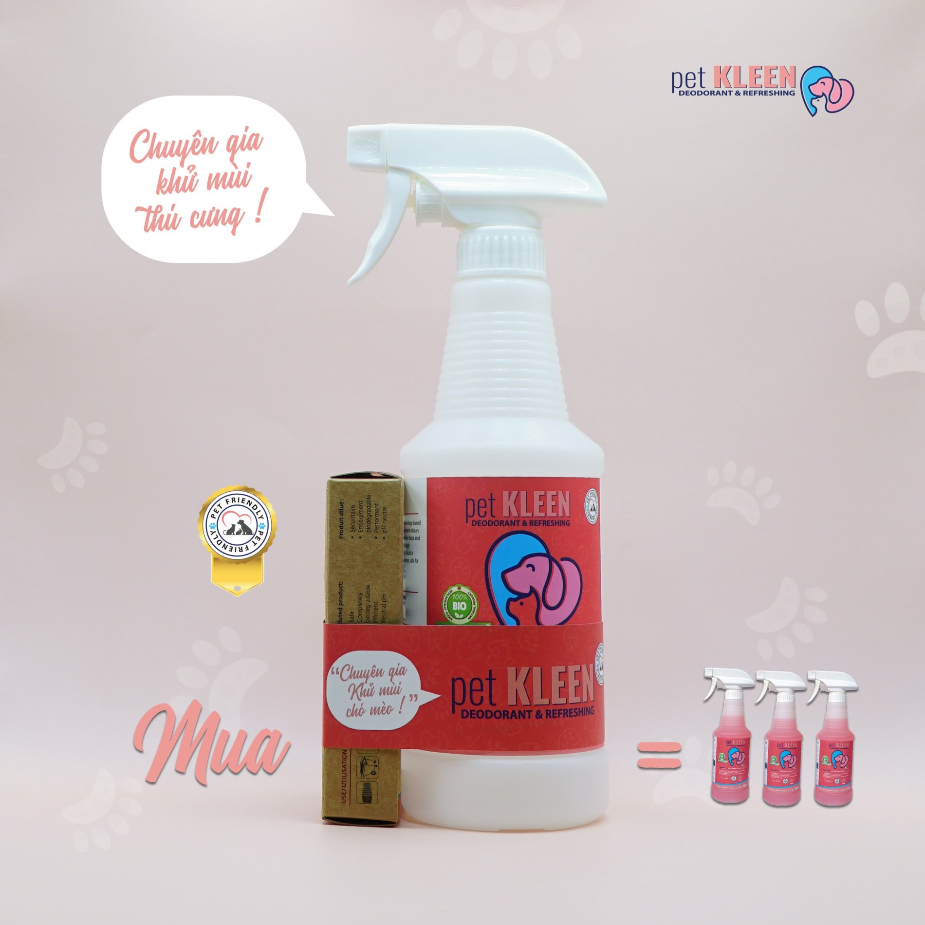 Khử mùi chuồng trại thú cưng sinh học pet KLEEN 1-3 ( 3 ống 5ml kèm 1 bình rỗng 500ml)